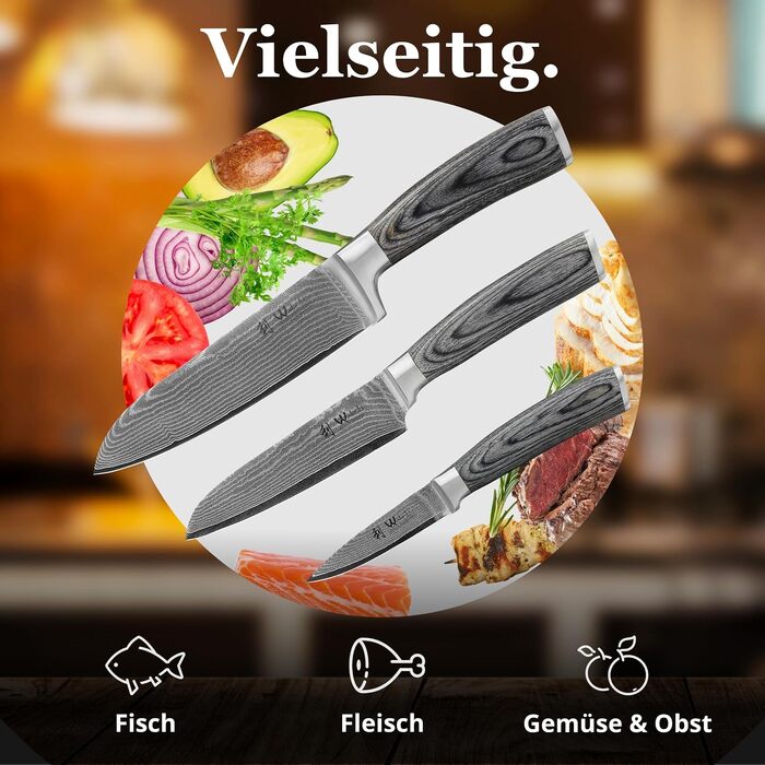 Набір кухонних ножів Wakoli EDIS з 67-шарової дамаської сталі VG10 (Сантоку, мале Сантоку, офісний ніж), руків'я з паккавуду, у дерев'яному боксі