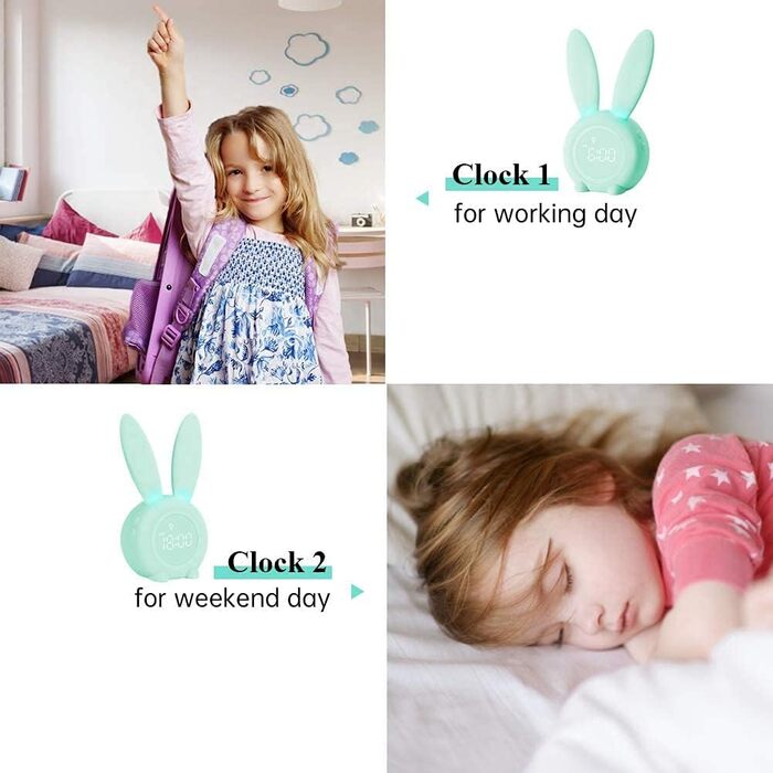 Gentle Light Alarm Clock Bunny Clock Children's Alarm Clock Rabbit Alarm Clock Wake Up Light Creative Lamp Bedside Lamp Night Light, Snooze Function, 6 Sound Options, Timed Night Light Green