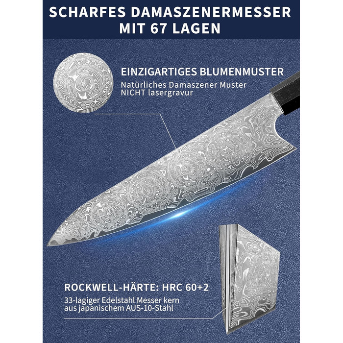 Японський ніж кухарський з дамаської сталі Plys: професійний ніж шеф-кухаря з чорним дерев'яним руків'ям