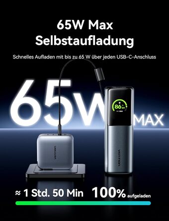 Power Bank VENTION 20000mAh 165W з дисплеєм та Emoji, інтегрований кабель USB-C, 2×100W USB-C + USB-A. Сумісний з MacBook Pro, iPad, Dell/HP, iPhone, Galaxy