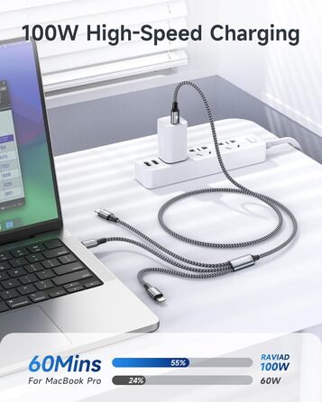 Кабель RAVIAD 100W USB-C 3-в-1 (1.2м) з E-Mark для iPhone, Galaxy, MacBook