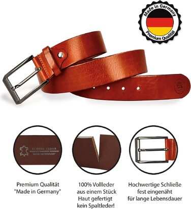 Шкіряний ремінь чоловічий Premium Made in Germany, натуральна шкіра, 40мм, 130см, колір коньячний (у подарунковій коробці)