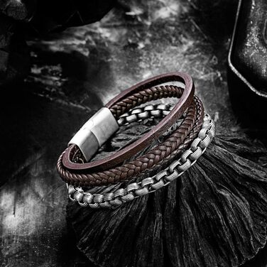 Чоловічий шкіряний браслет Murtoo з нержавіючої сталі з магнітним застібком (20 см, коричневий, срібний)
