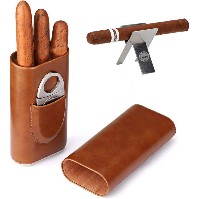 Набір 3 коричневих шкіряних скриньок для сигар з кедровою підкладкою, вологомір, сигарний гуморидор, тримач для сигар, ножик для сигар з нержавіючої сталі
