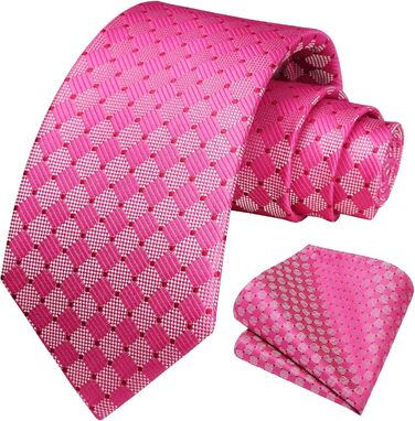 HISDERN Комплект краватки та нагрудного хустинки в клітинку для чоловіків (Фуксія Рожевий)
