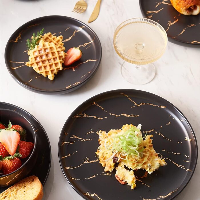 Набір посуду White Gold Splash, 12 предметів: тарілки та миски, чорний, преміум-посуд для 4 осіб, кераміка