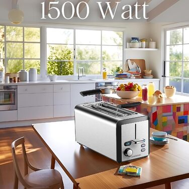 Тостер Langschlitz з 4-ма слотами | XXL, 1500 Вт, регулятор 6-ти рівнів підсмажування, підставка для бургерів, функція розморожування, крихтозбірник, нержавіюча сталь, LED дисплей