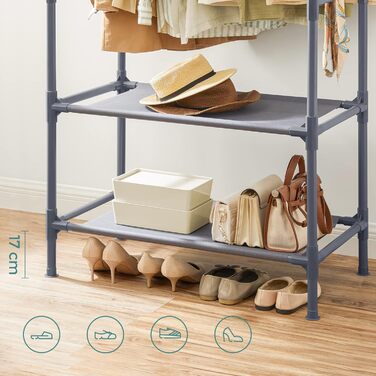 SONGMICS Стійка для одягу металева, з 2 перекладинами та 2 полицями, біла, до 70 кг, RDR02WT (Сірий)