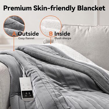 Електрична ковдра з підігрівом, 9 зон нагріву, таймер 1-9 годин з функцією пам'яті, швидкий нагрів, рівномірний розподіл тепла, двостороння фланель та штучне хутро, 160x120 см (для 1 особи/дивану) / 200x180 см (для 2 осіб/двоспального ліжка)