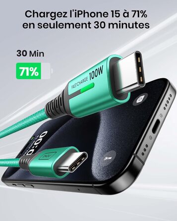 Кабель USB-C INIU 100W з підтримкою PD3.0, 2м, зелений. Сумісний з iPhone, Samsung, Pixel, iPad, MacBook. Нейлонова обплітання.