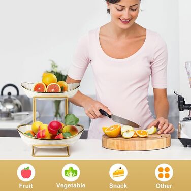 MEESOGA Багатоярусна фруктова тарілка з кераміки на 2 яруси - порцелянова фруктова тарілка з металевим підставкою для кухні. Підходить для фруктів, овочів, закусок та солодощів.