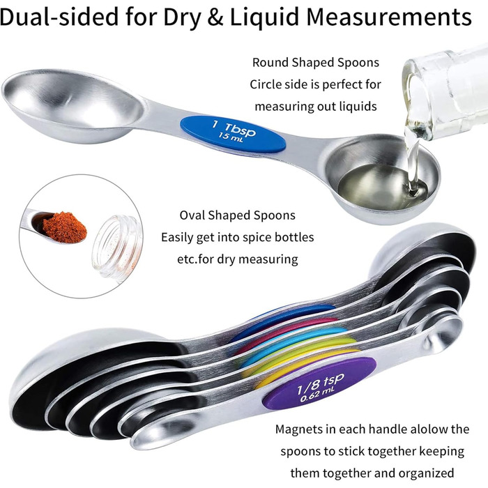 TILUCK Measuring Cups and Magnetic Measuring Spoons, Stainless Steel Measuring Cups, 6 Double-Sided Stainless Steel Measuring Spoons and 1 Leveler (5+7)