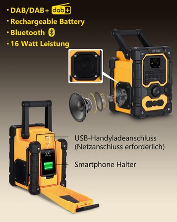 Радіо для будівельного майданчика DAB+ FM з Bluetooth 5.0, 16W стерео, акумулятор 8000mAh (18h), USB зарядка, Aux, вологозахист, пилозахист (жовто-чорне)