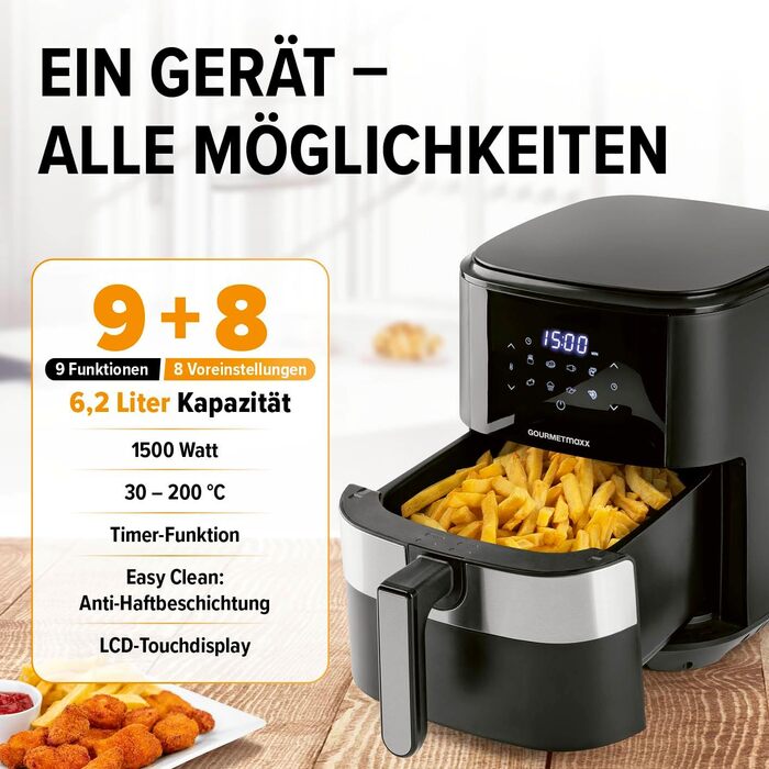 Фритюрниця повітряна GOURMETmaxx XL 6.2 л з цифровим дисплеєм та таймером | 8 програм, 1500 Вт | Без запаху, низький вміст жиру, економія енергії