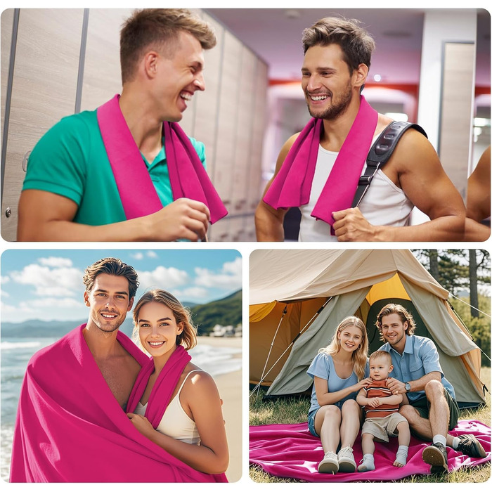 Набір з 3 рушників з мікрофібри: великий 180x90 см та 2 маленькі 80x40 см. Швидковисихаючі спортивні рушники з мікрофібри для подорожей, душу, фітнесу, спорту та пляжу (рожевий)