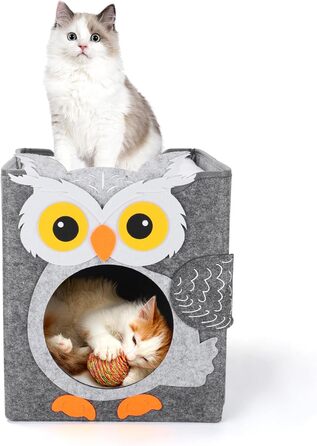 Кігтеточка-будиночок для котів Dripex з 2 поверхів, філц, з подушкою, 30 x 35 x 35 см (Сова)