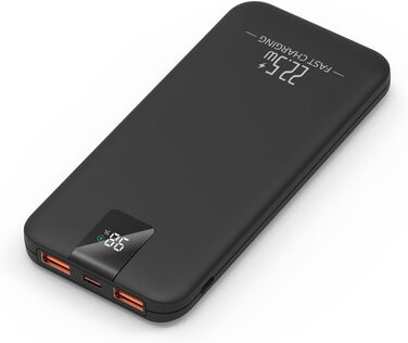 Powerbank 10000mAh 22.5W з LCD-дисплеєм: швидка зарядка, 3 виходи, 2 входи (USB-C), чорний