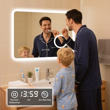 Дзеркало для ванної кімнати з підсвічуванням 80x60 см, 3 кольори, регулювання яскравості, антизапар, 3x збільшення, розетка для бритви, IP44, для горизонтального/вертикального монтажу