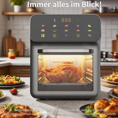 Фритюрниця Chefio HeißluftFritteuse: 12 літрів, 1350W, з вікном, без олії, 10 програм, FD-1015B, сіра