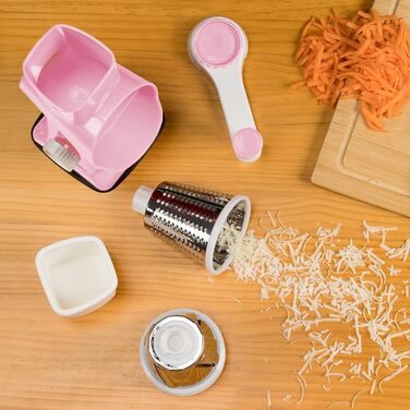 Ручна тертка для сиру та овочів Dreamhigh з ручкою, 3 змінні леза з нержавіючої сталі, ідеальна для сиру, горіхів, моркви та інших продуктів, білий колір (рожевий)