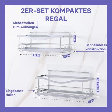 Кінкмакс Поличка для душу без свердління з нержавіючої сталі, самоклеюча, з гачками для ванної кімнати (срібна) – хвиляста, срібна (2 шт.)