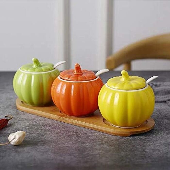 YBK Tech Cute Pumpkin Candy Jar Ceramic Sugar Bowl for Coffee Tasting (3 Pieces + Wooden Holder)