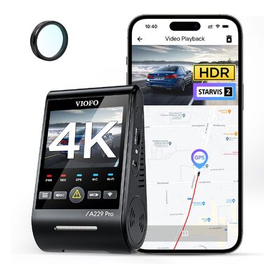 Відеореєстратор VIOFO A229 Pro 4K STARVIS 2, HDR з GPS, Wi-Fi 5GHz, CPL-фільтром та нічним баченням 2.0