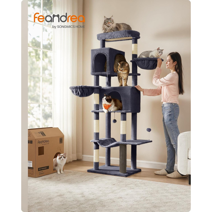 Дім для кота Feandrea, 175 см, XL, багатоярусний, з 2 печерами, 2 лежаками, 5 стовпчиками для дряпання, щіткою для котів, великою платформою, PCT182G01 (XXL, 59 x 48 x 190,7 см, темно-сірий)