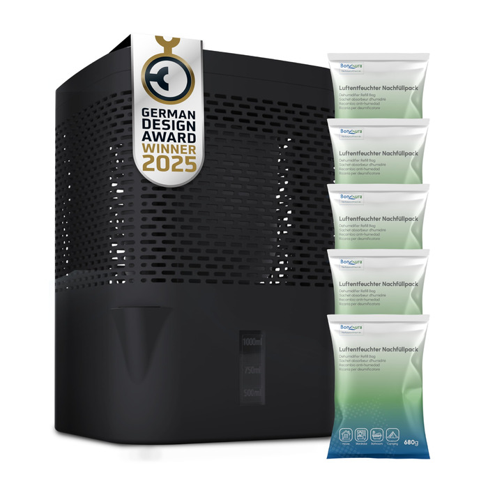 BonAura® Безструменевий осушувач повітря до 23 м² | 360° вентиляція | Осушувач для дому з виливом та 5 x 680 г гранул | Захист від плісняви та неприємних запахів | Осушувач повітря для квартири (Airone Black + 5 X гранул)