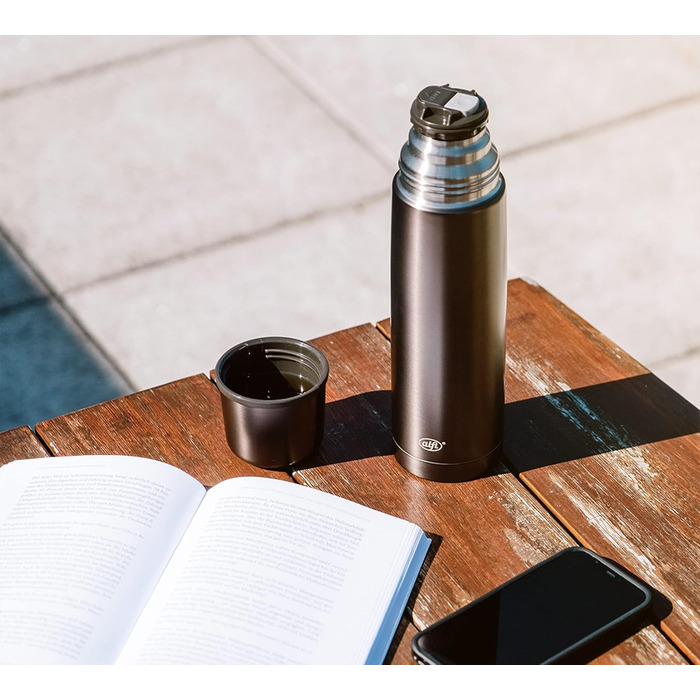 alfi ISOTHERM PERFECT AV 1.0L, cool grey matte, stainless steel insulated bottle with drinking cup, absolutely leak-proof with automatic closure, detachable, keeps drinks warm for 12 hours, fingerprint-resistant, BPA-free