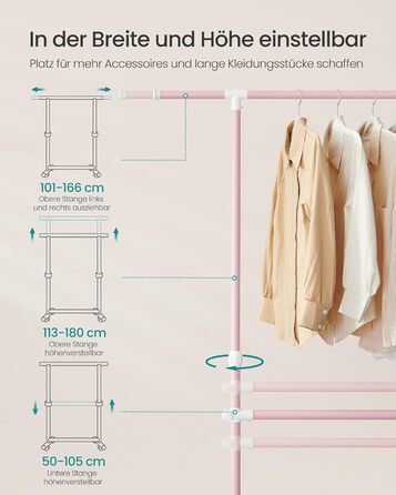 SONGMICS Clothes Rack with 2 Clothes Rods, Extendable Clothes Rail, with Wheels, Coat Rack, Height Adjustable between 113 and 180 cm, Lower Rod Adjustable, Pastel Pink LLR401R01
