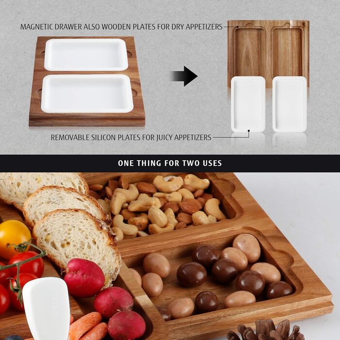 hecef Cheese Board Set, Acacia Wood, Square Cheese Board with 2 Pull-Out Drawers & Cutlery Set & Snack Plates & Marble Cheese Slate