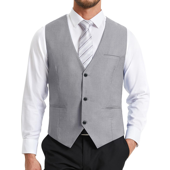 Жилет чоловічий HISDERN формальний елегантний, бавовна, однотонний V-подібний виріз з кишенями, для весілля, вечірки, бізнесу, сірий, XL
