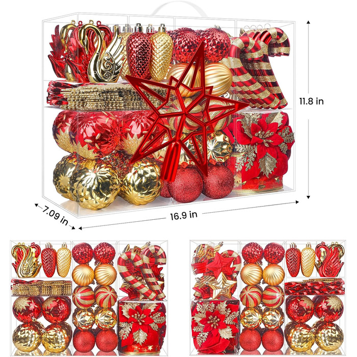Набір прикрас для ялинки Alupssuc 128 шт: ялинкові кулі, квіти, стрічки, верхівка, гачки (чорний & золотий, синій & золотий, червоний & золотий)