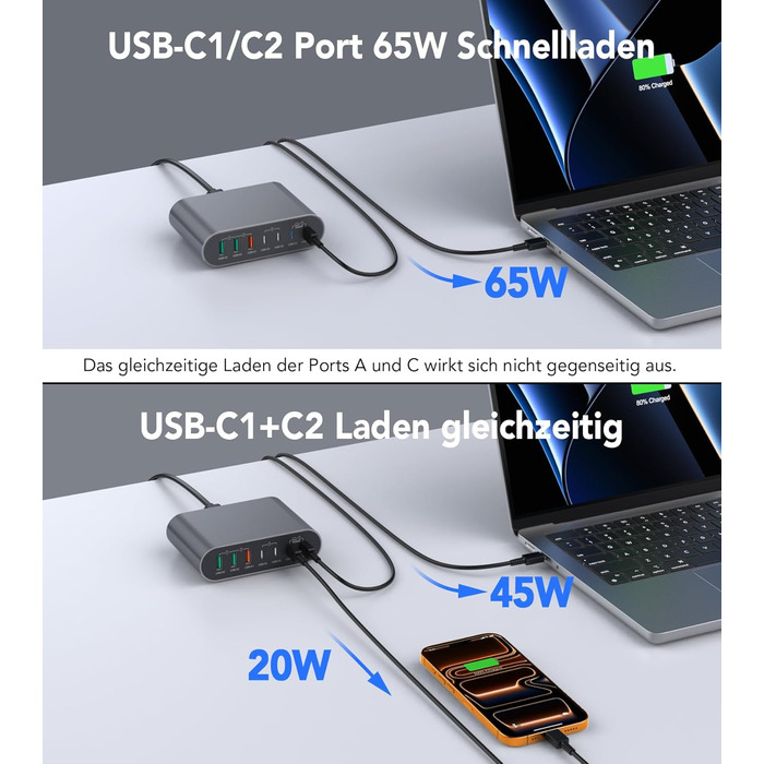 Зарядний пристрій USB-C 185W, мережевий адаптер 7 портів PD3.0 + QC3.0 для MacBook Pro/Air, iPhone 17/16/15 Pro Max, Samsung Galaxy S23/Note20 (Сірий)