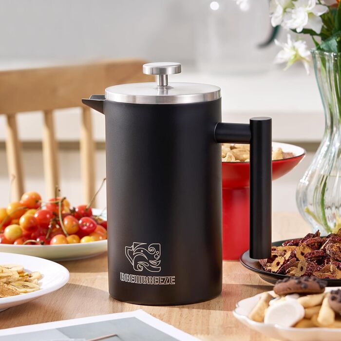 Набір для приготування кави френч-прес: термоізольований, з молочний пінозбивач, з нержавіючої сталі (матова чорна), 1 літр