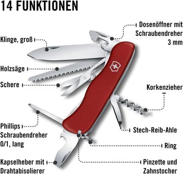Мультитул Victorinox Outrider: Швейцарський ніж, 14 функцій, фіксаційне лезо, викрутка (червоний)