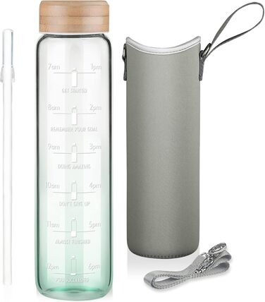 1 Liter Drinking Bottle Glass with Straw & Time Marker, 1L Motivational Glass Water Bottle with Protective Sleeve, Borosilicate Glass Bottle for Carbonated Drinks, Leak-Proof (Gradient Green)