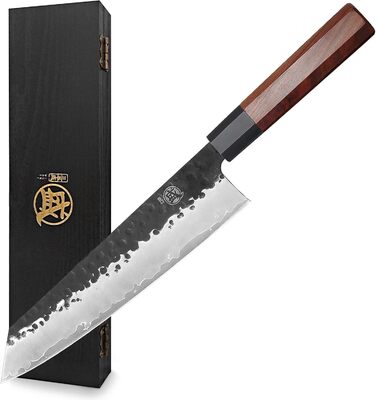 Японський ніж MITSUMOTO SAKARI Santoku 19 см з ручкою з рожевого дерева та Kiritsuke 23 см, ручне кованість, високоякісна сталь