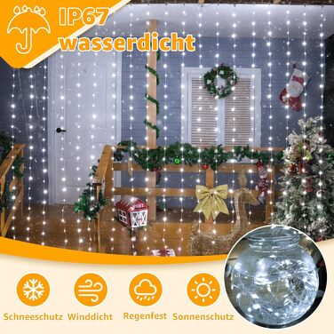 Льодосвітний штора-гірлянда для декору приміщень та вулиці, 3x3м, 300 LED, 8 режимів, IP67, пульт, таймер, димування, для декору на Різдво, двері, стіни, вечірки, вікна, балкон (тепле біле світло)