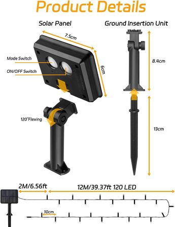 Сонячна гірлянда для зовнішнього використання, 120 LED, холодне біле світло, 8 режимів, для саду, двору, тераси, весільної декоратації (12 м)