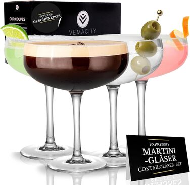 Vemacity Elegant Espresso Martini Glasses 4-Piece Set | Handcrafted Cocktail Glasses Set | Ideal Champagne Bowls and Champagne Glasses | Elegant Coupe for Margaritas & Cocktails | Martini Glasses