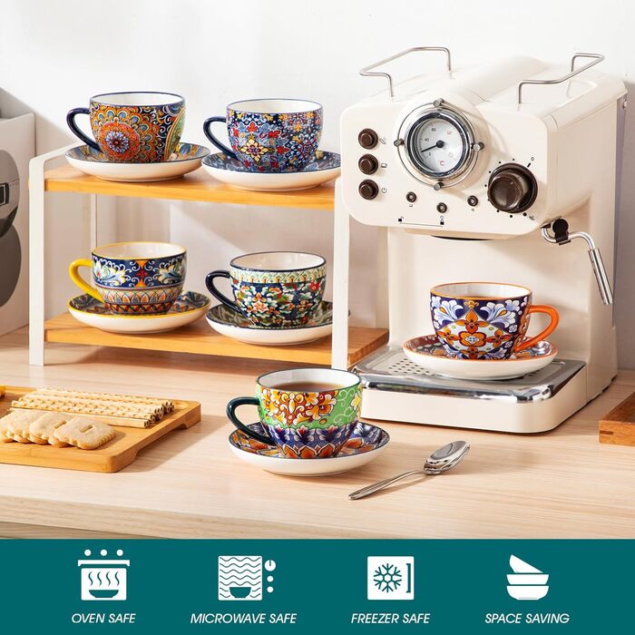 Набір кавових чашок капучино Vancasso SIMI (6 шт.) з блюдцями, 240 мл - фарфоровий посуд для 6 осіб, мікрохвильова піч, богемський стиль