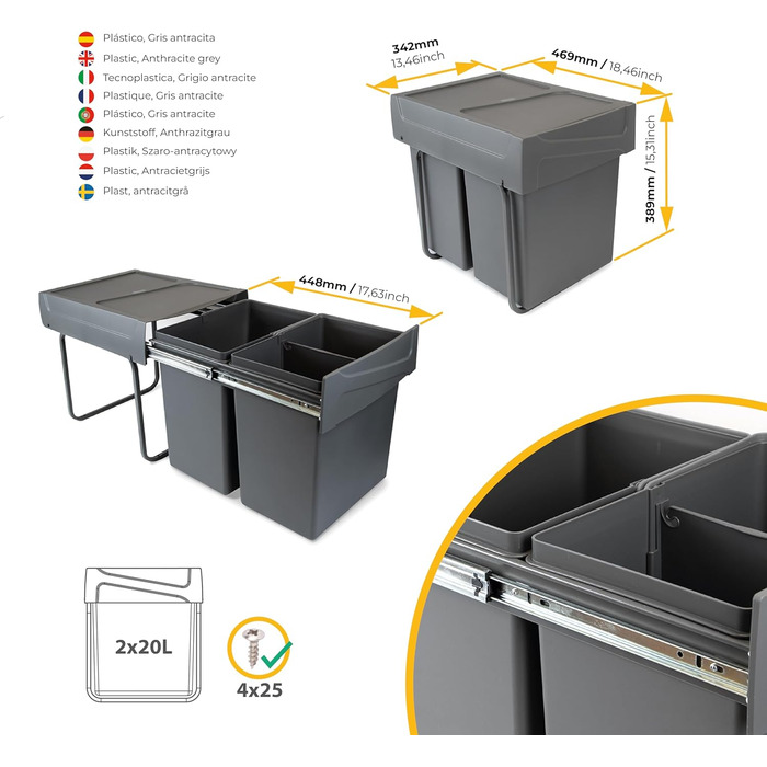 Відро для сміття кухонне Emuca з підвісною системою, 2 висувні контейнери по 20 л, загальний об'єм 40 л (2 x 20 л), сталь та пластик, антрацитовий колір