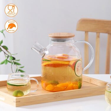Скляний чайник з ситечком 1800 мл з дерев'яною кришкою, термостійкий боросилікатний чайник для квіткового чаю та соків