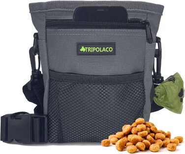 Лекарства для собак – сумка-лейкоріз для собак з кількома кишенями, диспенсер для пакетів для екскрементів і кишеня для телефону, 3 варіанти носіння – ідеальний мішок для корму для собак, тренування та прогулянки, сірий, магнітна застібка