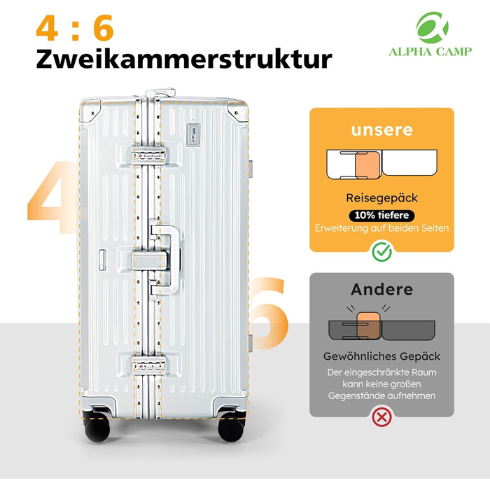 Чемодан ALPHA CAMP Trunk-XL (30 дюймів) з алюмінієвим каркасом та полікарбонатною оболонкою, TSA-замок, 93L, срібний