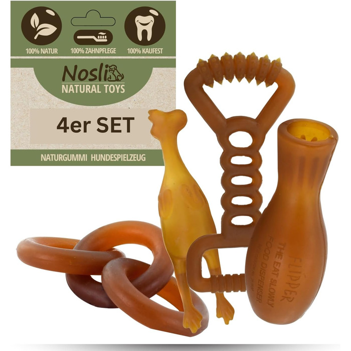 Natural Toys Dog Toy Set • 100% Natural Rubber • Dental Care & Chew Toys • Robust Fetch & Tug Toys for Small & Large Dogs • Intelligence & Fitness Toys – Set of 4
