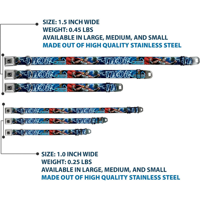 Нашийник для собак з кріпленням на ремінь безпеки, Avengers Thor, Поза з молотом, Галактичний синій та білий, 38-66 см, ширина 2.5 см, підходить для великих собак