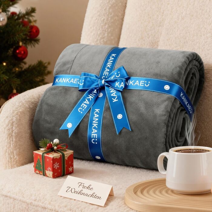 Плед KANKAEU 160x200 см, теплий та м'який, двосторонній фланель та шерпа, для дивану, ліжка, подарунок сірого кольору